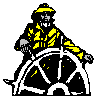 Drawing of a man wearing a Mackintosh at a ship's wheel