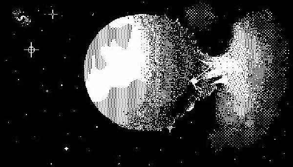 Explosion on a planet.  The mushroom cloud has about half the volume of the planet.